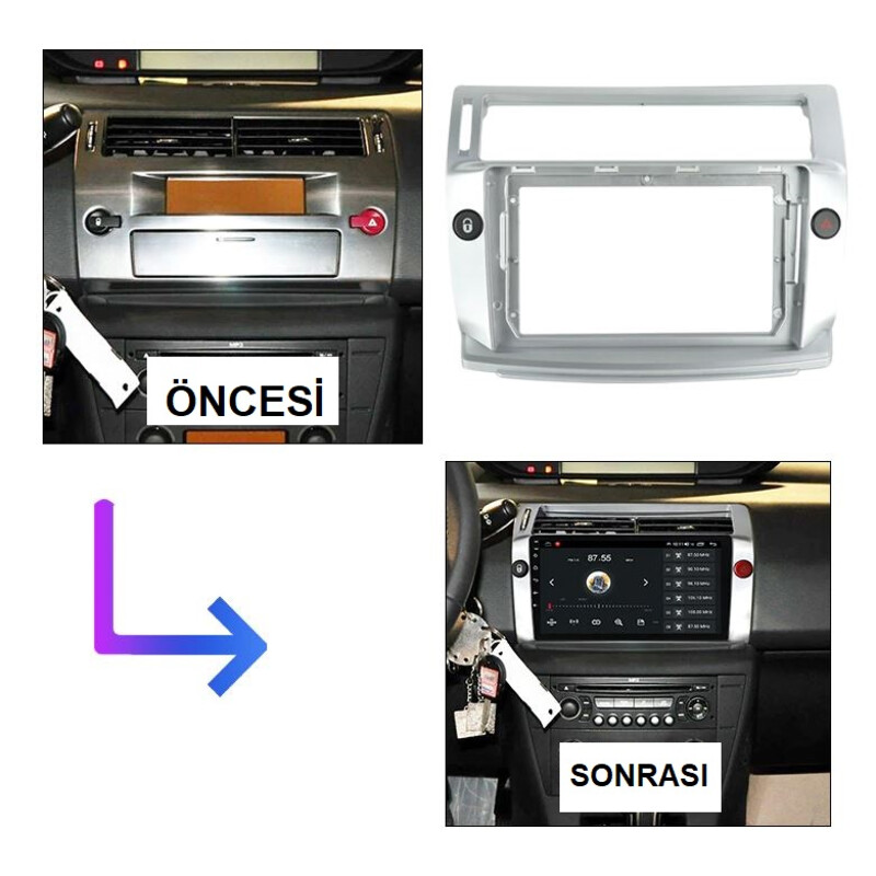 Citroen C4 2005-2010 9 İnç Multimedya Teyp (Çerçeveli) Carplay Özellikli