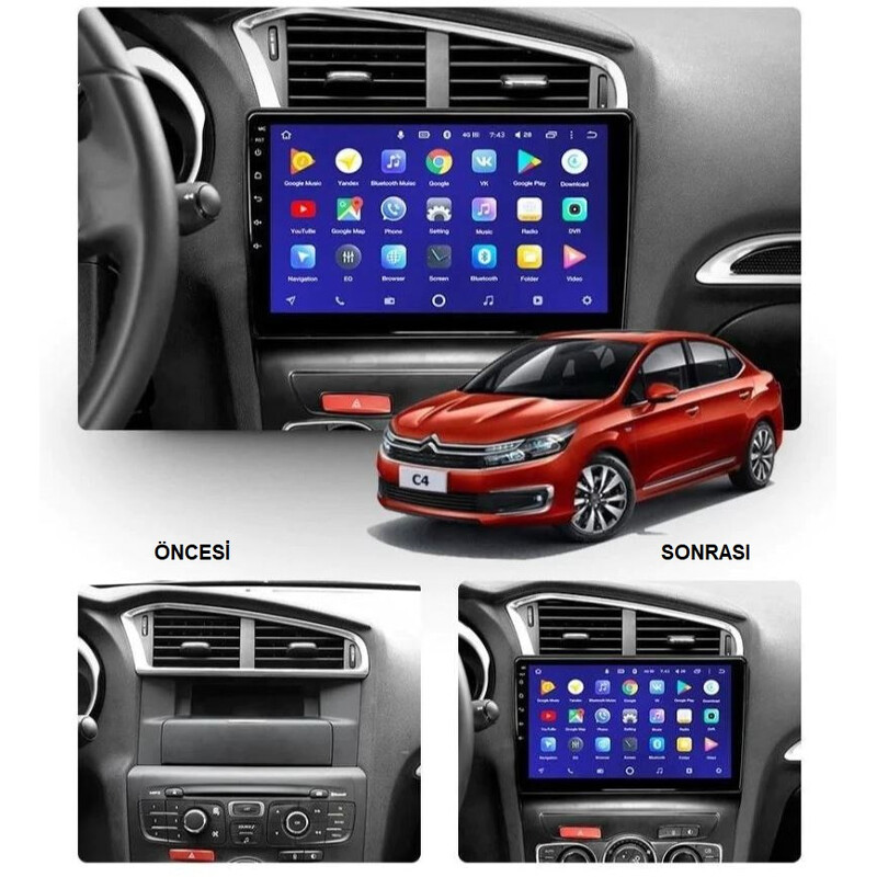 Citroen C4 yeni 2018+ 10.1 İnç Multimedya Teyp (Çerçeveli) Carplay Özellikli